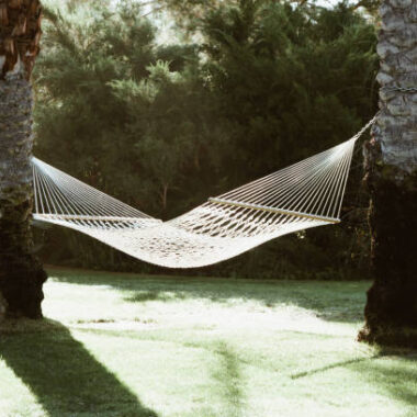 A hammock between two palm trees in palm springs, ca